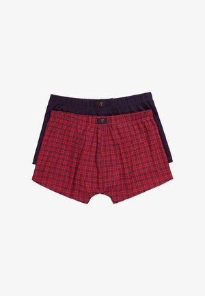Rood geruite en marineblauwe boxershorts met een elastische band, gemaakt van een zachte katoenen stof en met een klassiek ontwerp.