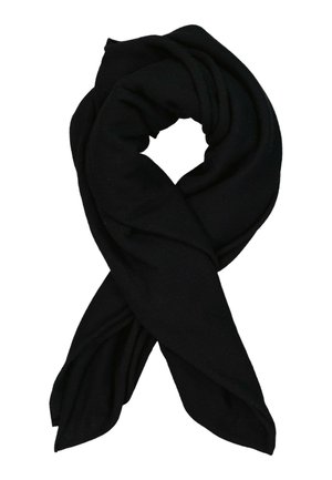 Miękki czarny szalik złożony i owinięty w luźną pętlę z dwoma zwisającymi końcami.