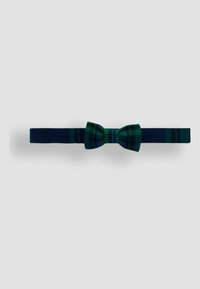 Papillon in tartan verde scuro e blu navy con strisce, realizzato in tessuto. Presenta una forma classica e una cintura regolabile.