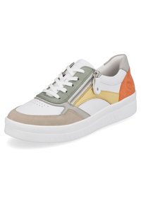 Low-top sneaker featuring a mix of white, beige, green, yellow, and orange leather with a side zipper and textured accents. Rubber sole.