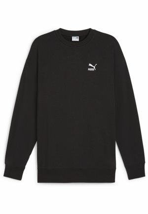 Felpa nera realizzata in tessuto morbido, con scollo a girocollo, maniche lunghe, polsini a costine e un logo Puma bianco sul petto.