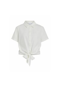 Camicia bianca a maniche corte con chiusura a bottoni e un nodo legato in vita. Presenta un colletto classico e una texture liscia.