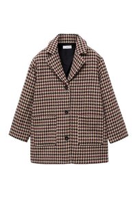 Kappa i hundtandsmönster i beige och mörkröd, med slagkrage, två framfickor och tre svarta knappar framtill.