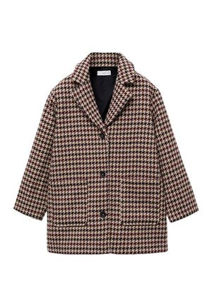 Manteau en motif pied-de-coq beige et bordeaux, avec un col cranté, deux poches avant et trois boutons noirs sur le devant.