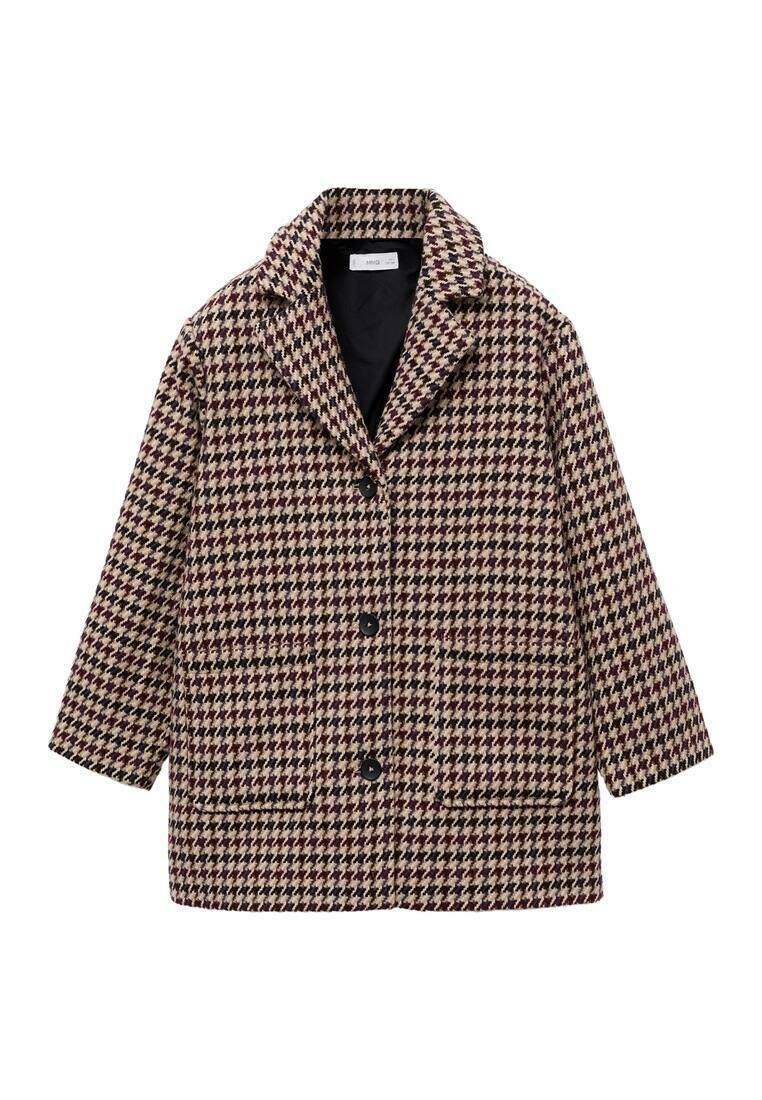 Kappa i hundtandsmönster i beige och mörkröd, med slagkrage, två framfickor och tre svarta knappar framtill.