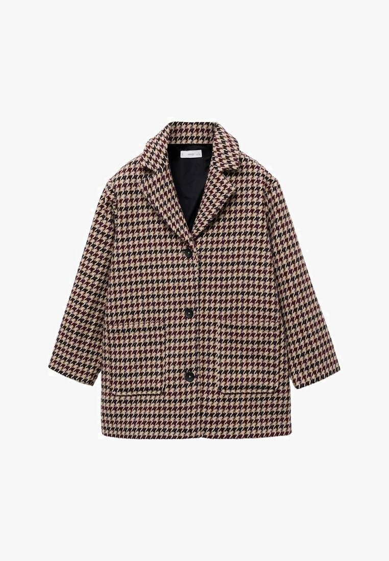 Suknja s houndstooth vzorcem v bež in maroon barvi, z ovratnikom, dvema sprednjima žepoma in tremi črnimi gumbi spredaj.