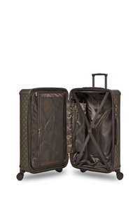 Valise brune avec un motif en losange, fabriquée à partir d'un matériau durable ; dispose d'une poignée extensible et de roues lisses. À l'intérieur, des compartiments avec zip et des sangles.