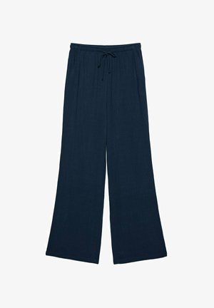Navy blue wide-leg pants with elastic waistband and drawstring. Soft, textured fabric with a loose, relaxed fit.