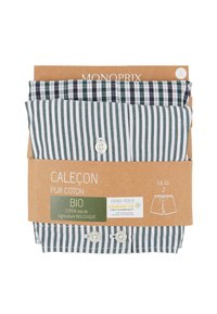 Lot de deux boxers en coton avec des motifs rayés verts et blancs. Présentent une texture douce et une fermeture à boutons. Écologique, certifié Oeko-Tex.