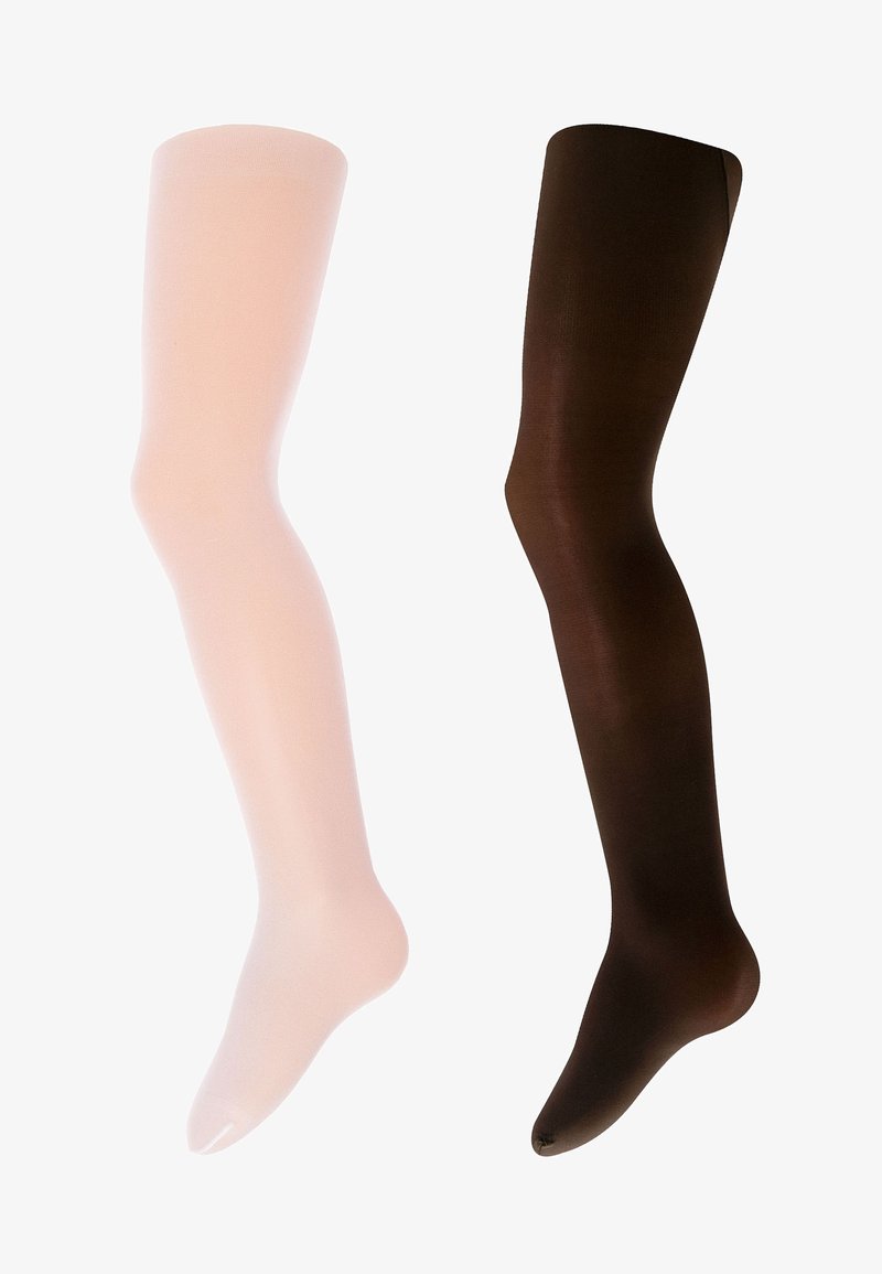 Dve dvojice pančúch: jedny svetlo ružové a druhé tmavo hnedé. Obe majú hladký, priesvitný povrch s jemnou textúrou.