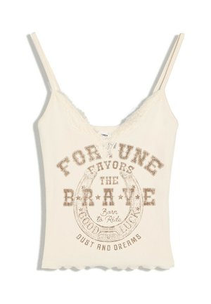 Cremefarbenes Tanktop mit dünnen Trägern und Spitzenbesatz, mit Vintage-Text und Hufeisen-Grafik mit dem Schriftzug "Fortune favors the brave."