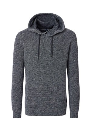 Kapuzenpullover aus dunkelnavyblauem und grauem Strickstoff, mit strukturiertem Muster, Fronttaschen und verstellbaren Kordeln.