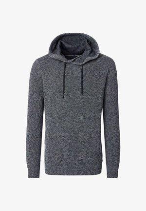 Kapuzenpullover aus dunkelnavyblauem und grauem Strickstoff, mit strukturiertem Muster, Fronttaschen und verstellbaren Kordeln.