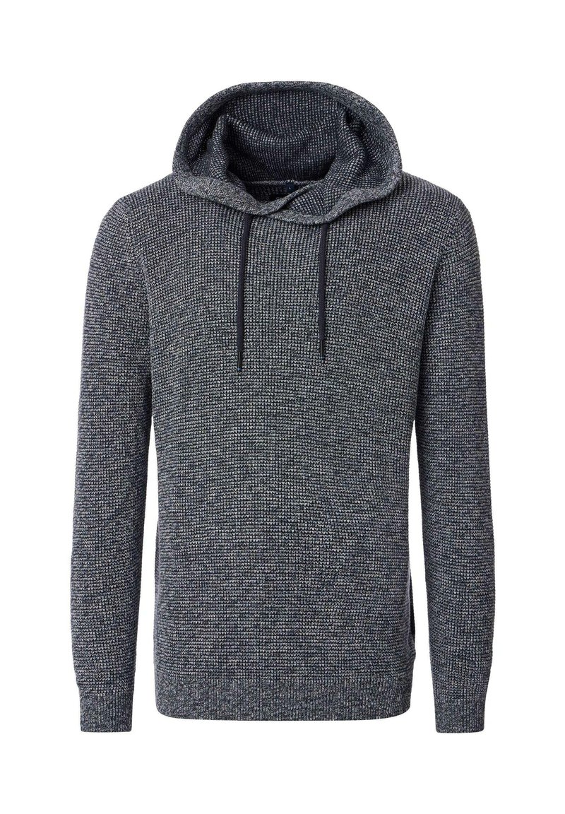 Kapuzenpullover aus dunkelnavyblauem und grauem Strickstoff, mit strukturiertem Muster, Fronttaschen und verstellbaren Kordeln.