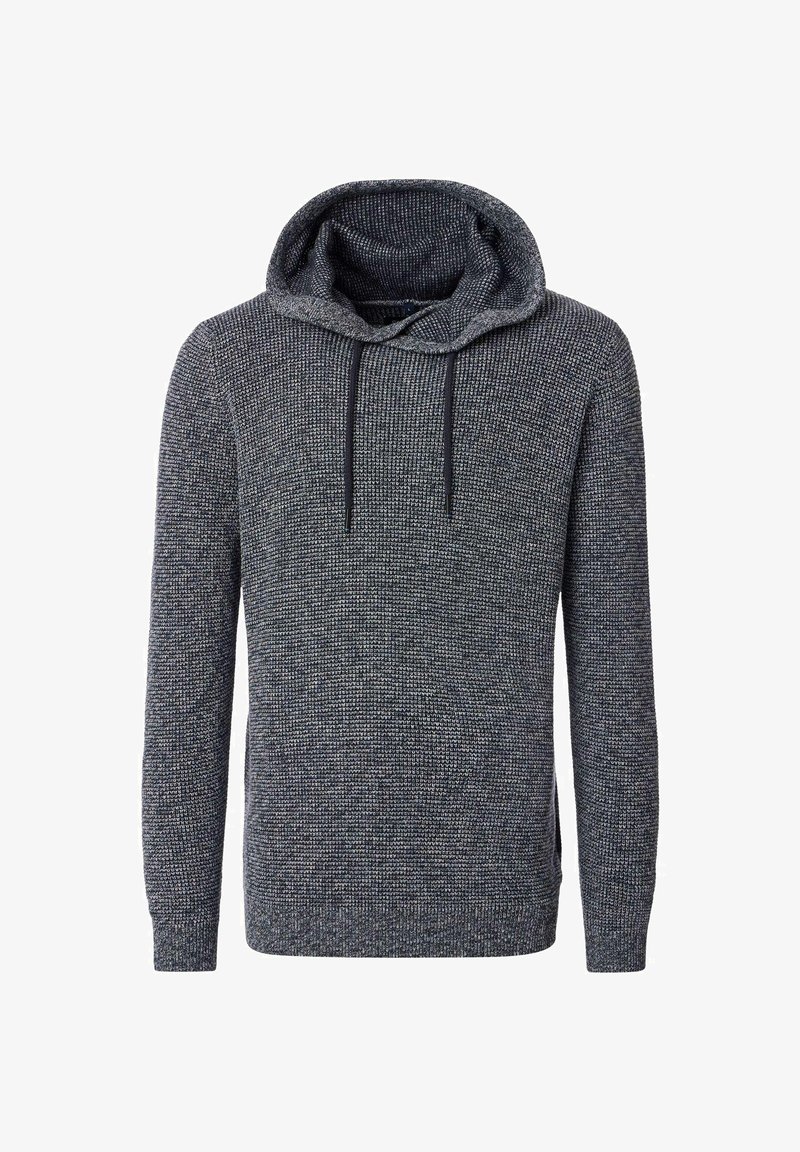 Kapuzenpullover aus dunkelnavyblauem und grauem Strickstoff, mit strukturiertem Muster, Fronttaschen und verstellbaren Kordeln.