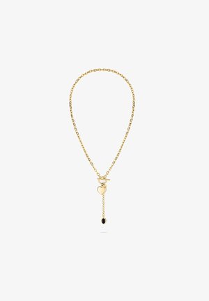 Goudkleurige kettinghalsband met een hart bedel en een hangende ketting met een kleine zwarte edelsteen accent.