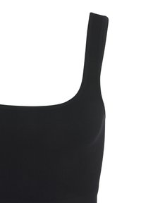 Schwarze gerippte Bralette mit quadratischem Ausschnitt und breiten Schulterträgern. Weicher Stoff und figurbetontes Design, ideal für das Layering.