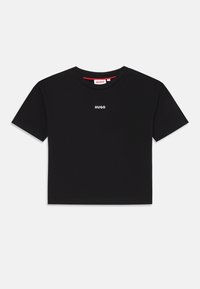 Svart cropped t-skjorte laget av bomull. Har korte ermer og rund hals. "HUGO"-logoen er trykt i hvitt på brystet.
