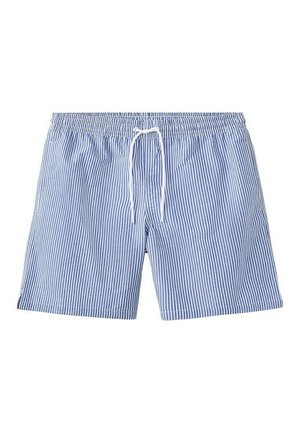 Shorts de bain à rayures verticales bleues et blanches avec taille élastique et cordon blanc, posés à plat sur un fond blanc.