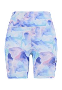 Høytlivs atletiske shorts i et blått og pastellfarget abstrakt mønster, laget av et glatt, elastisk stoff med en logodetalj på siden.