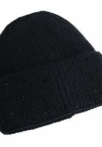 Cappello in maglia nera a berretto con texture a coste e piccole strisce. Materiale morbido con orlo risvoltato, progettato per calore e comfort.