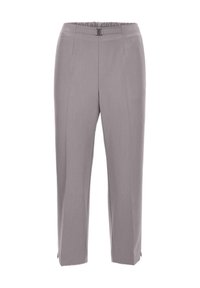 Hellgraue Hose mit elastischem Bund und Reißverschlussdetails. Gerader Schnitt mit seitlichen Schlitzen am Saum. Weiche Stofftextur.