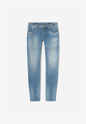 Lichtblauwe denim jeans met een slim fit, voorzien van vijf zakken, subtiele vervaging en een ritssluiting. Het materiaal is zacht en enigszins gestructureerd.