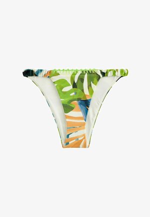 Mintázott bikini alsó, zöld, narancssárga és kék trópusi lombozat mintákkal, texturált anyaggal és fodros szélekkel.