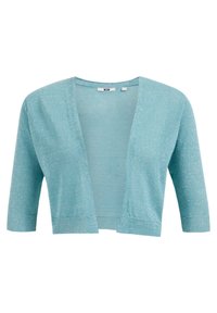 Světlý tyrkysový krátký kardigan z třpytivého pleteného materiálu. Má výstřih do véčka a tříčtvrteční rukávy s žebrovanými manžetami a lemem.