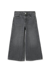 Grijze denim broek met wijde pijpen en vijf zakken, met een sluiting met een frontknop, subtiele textuur en contrasterende stiksels.