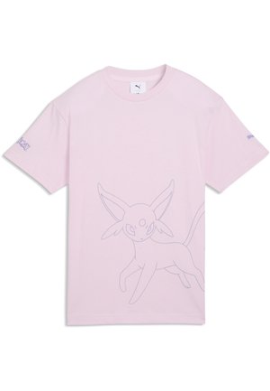 T-shirt rose clair à manches courtes avec un léger contour d'une créature à quatre pattes, aux grandes oreilles et à la longue queue, sur le devant.