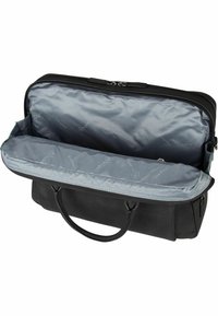 Zwarte leren laptoptas met dubbele handgrepen, ritssluiting en grijze binnenvoering met een subtiel patroon. Ruime hoofdcompartiment.