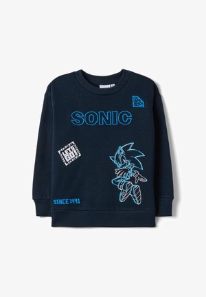 Marineblaues Sweatshirt mit blauem "SONIC"-Schriftzug, Umriss von Sonic the Hedgehog, "LET'S GO!"-Text und "SINCE 1991"-Stickerei.