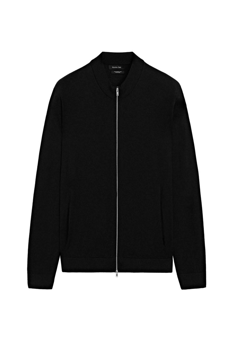 Sort lynlås cardigan lavet af glat materiale, med en ribbet krave, manchetter og bund, samt sidelommer og et minimalistisk design.