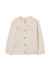 Cardigan tricoté rose clair avec un col rond, orné de broderies de fleurs roses et de quatre boutons en bois sur le devant.