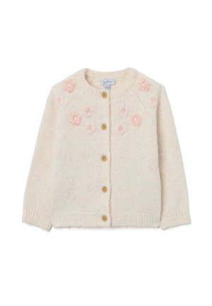 Light pink knitted cardigan with a round neckline, embellished with pink flower embroidery and four wooden buttons down the front.