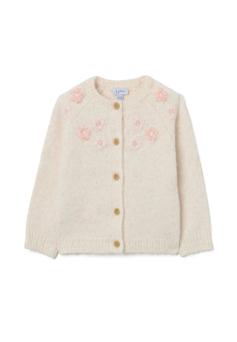 Cardigan tricoté rose clair avec un col rond, orné de broderies de fleurs roses et de quatre boutons en bois sur le devant.