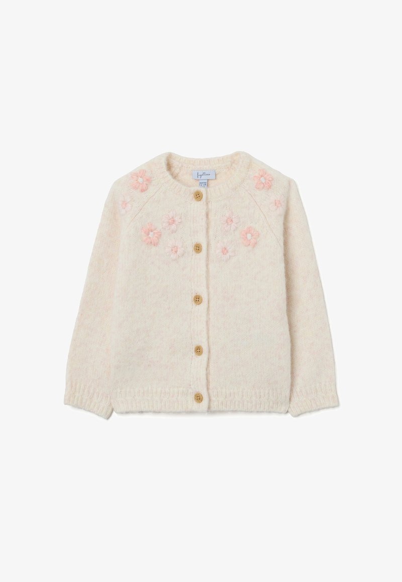 Cardigan tricoté rose clair avec un col rond, orné de broderies de fleurs roses et de quatre boutons en bois sur le devant.