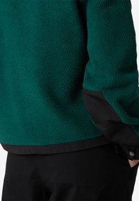 Giacca in pile di un verde scuro con una superficie morbida e strutturata. Presenta dettagli neri sulle maniche e sull'orlo. Leggera e dal fit rilassato.