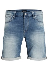 Pantalones cortos de mezclilla en azul claro con un acabado descolorido. Presentan dobladillos enrollados, diseño de cinco bolsillos y un cierre de botón de metal.