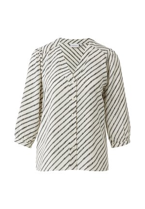 Bluzka zapinana na guziki w kolorze kremowym z ukośnymi czarnymi paskami. Rękawy do połowy łokcia, dekolt w serek i miękki materiał o delikatnym połysku.