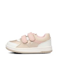 Sneakers with velcro straps. Made of light beige and white synthetic materials. Rounded shape, textured soles, and minimal branding detail.