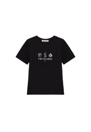 Černé bavlněné tričko s kulatým výstřihem, krátkými rukávy a středovým logem se třemi grafickými ikonami nad názvem značky "TRUSSARDI".