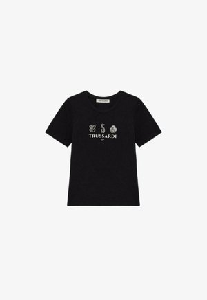 Schwarzes Baumwoll-T-Shirt mit Rundhalsausschnitt, kurzen Ärmeln und einem zentralen Logo mit drei grafischen Symbolen über dem Markennamen "TRUSSARDI".