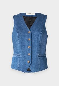 Blaues Denim-Weste mit V-Ausschnitt, fünf braunen Knöpfen, zwei Fronttaschen und einem schwarzen Futter. Taillierte Passform mit glatter Textur.