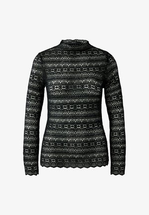 Zwarte lange mouwen kant top met bloemen- en geometrische patronen. Golvende onderrand, hoge halslijn, semi-doorzichtige textuur. Merkenlabel zichtbaar.