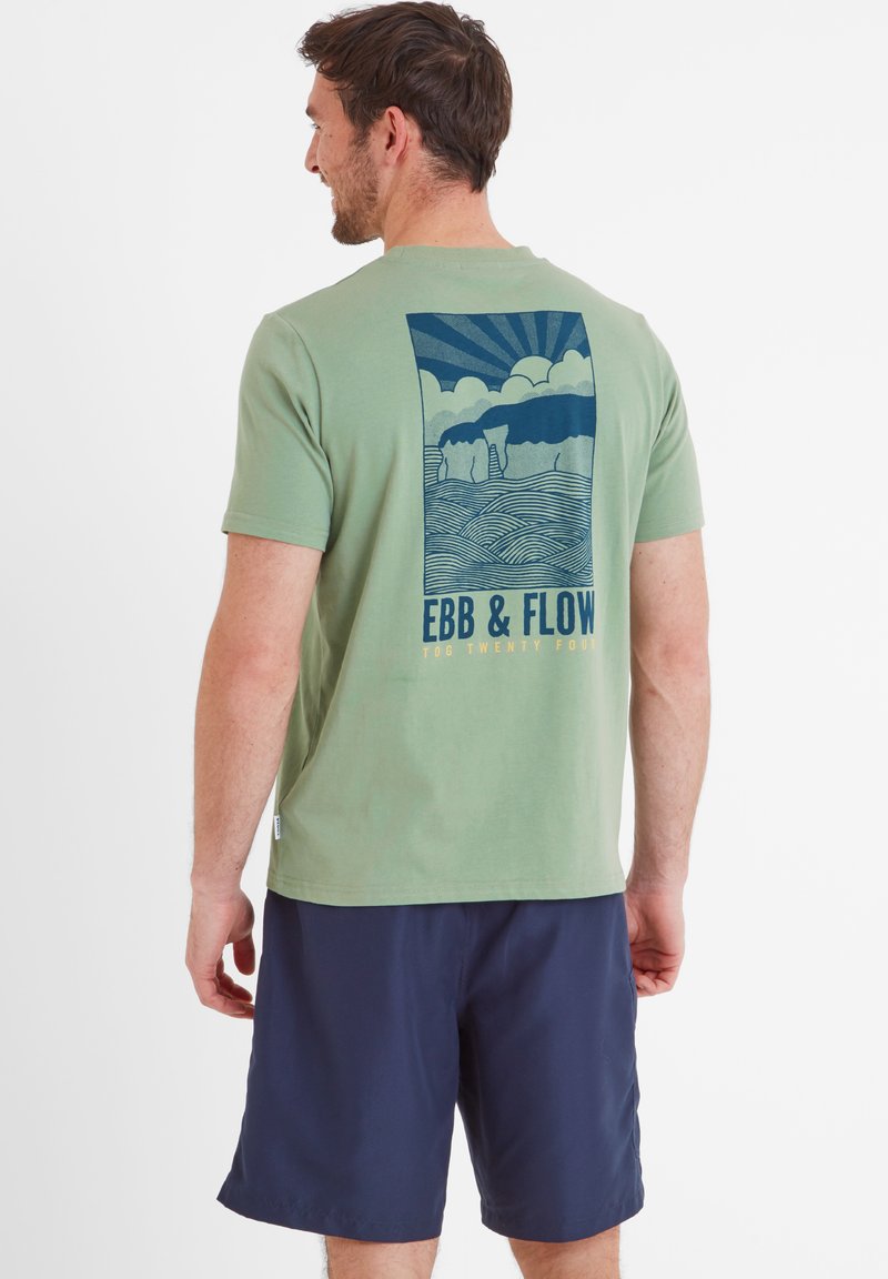 Olive-green cotton t-shirt featuring a blue graphic design of a landscape with waves, sun, and clouds on the back. Navy shorts.