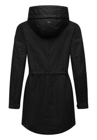 Long black coat with a hood, cinched waist, and buttoned cuffs. Features a smooth, matte texture and a small logo near the neck.