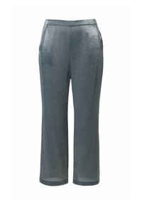 Metaalgrijze rechte broek met een gestructureerd oppervlak, voorzien van een soepele tailleband en zijzakken. Einde op enkel lengte.