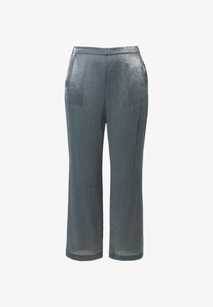 Metallinväriset suorat housut, joissa on teksturoitu pinta, sileä vyötärö ja sivutaskut. Pituus ankle-tasolle.